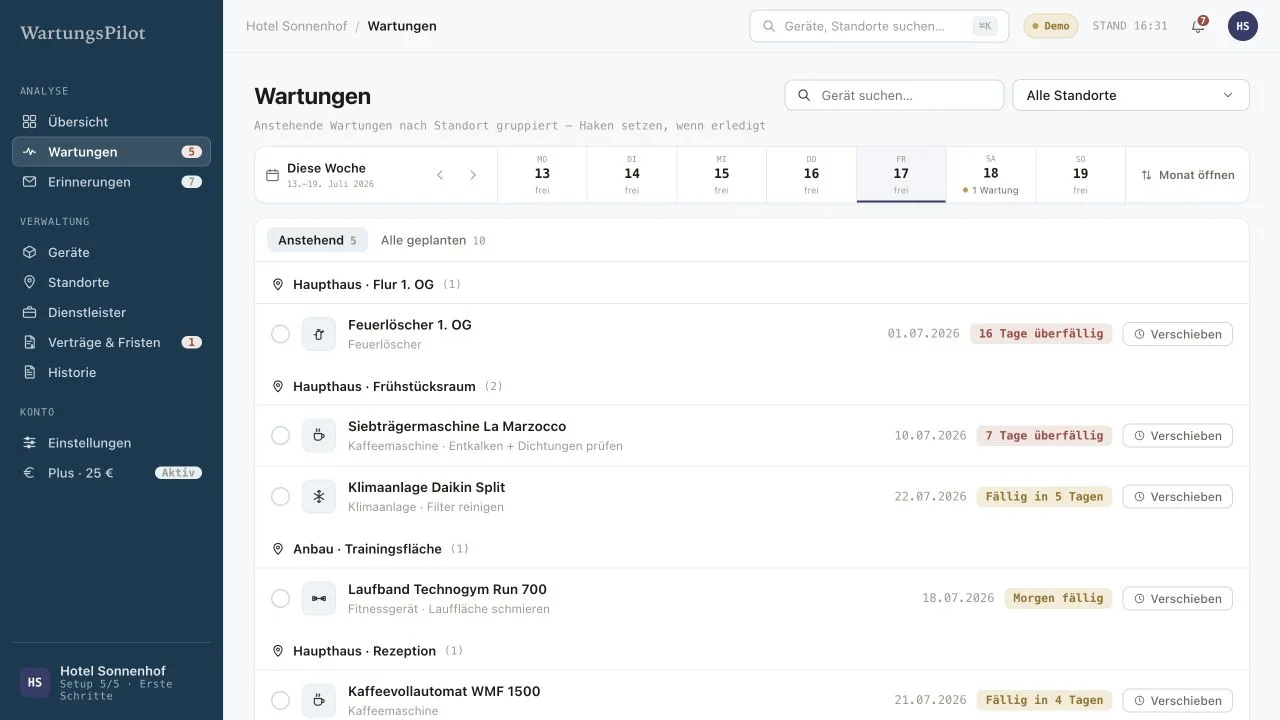 WartungsPilot Wartungsseite mit Wochenkalender, Standorten und fälligen Wartungen